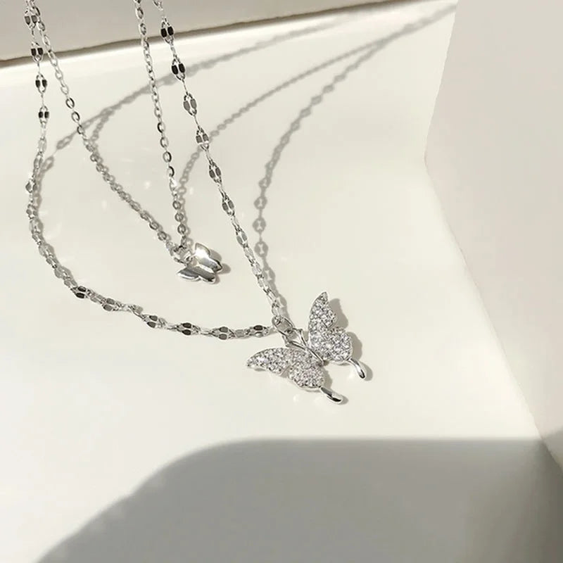 Luxury Necklace for Women Butterfly Necklace Shiny Double Clavicle Chain Pendant Anniversary Gift Jewelry Collares Para Mujer