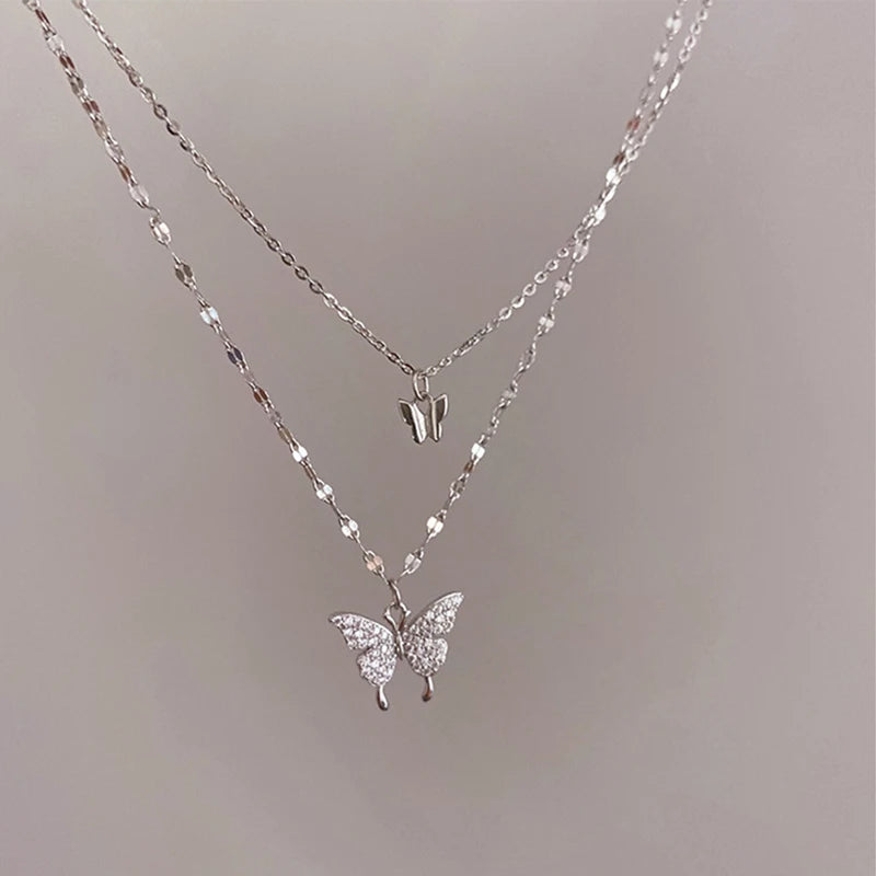 Luxury Necklace for Women Butterfly Necklace Shiny Double Clavicle Chain Pendant Anniversary Gift Jewelry Collares Para Mujer