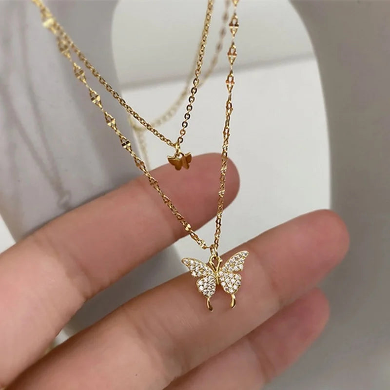 Luxury Necklace for Women Butterfly Necklace Shiny Double Clavicle Chain Pendant Anniversary Gift Jewelry Collares Para Mujer