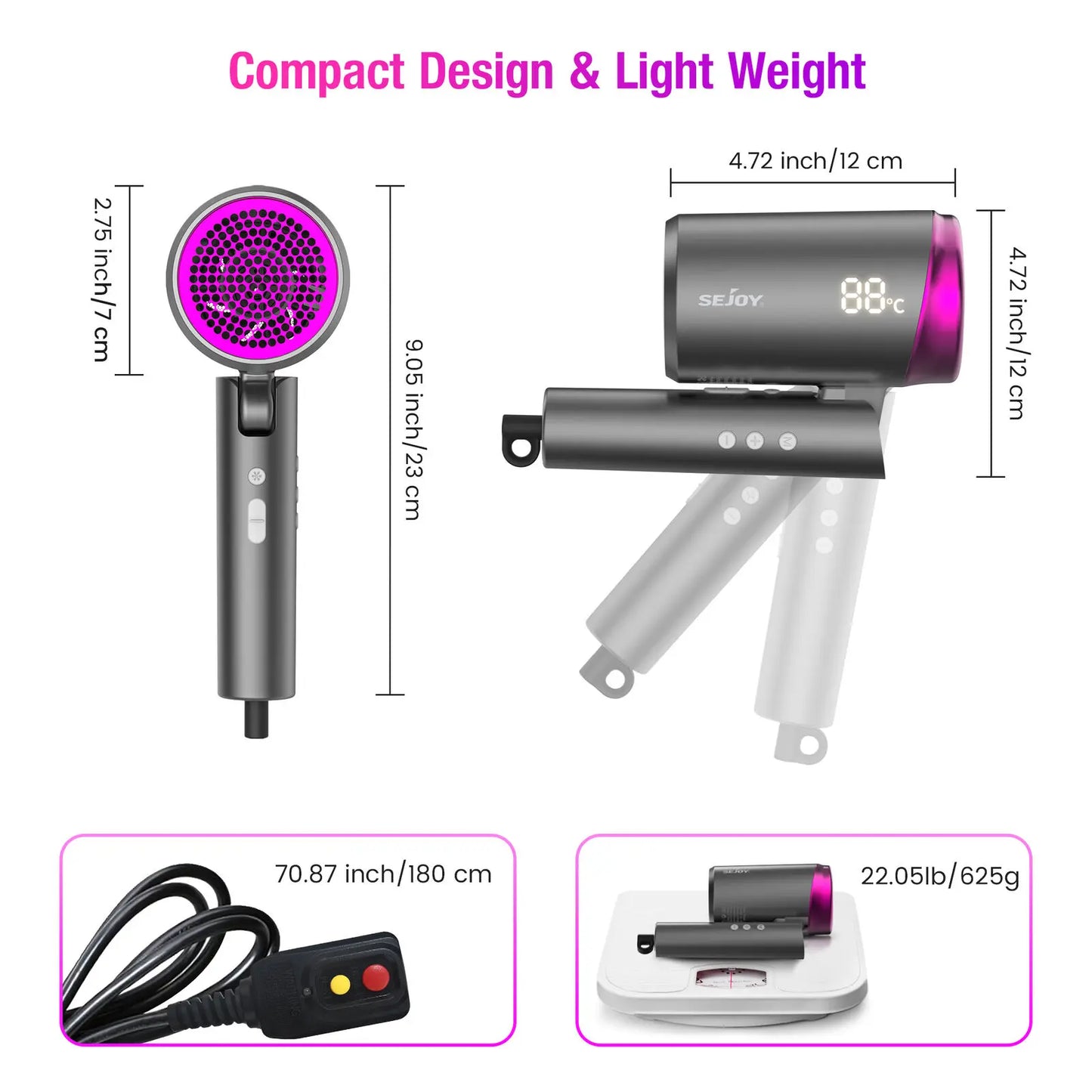 Sejoy Hair Dryer Professional Ionic Blow Hair Dryer With Negative Ion Temp Setting for Home  Infinity TEMP/Wind Speed Setting