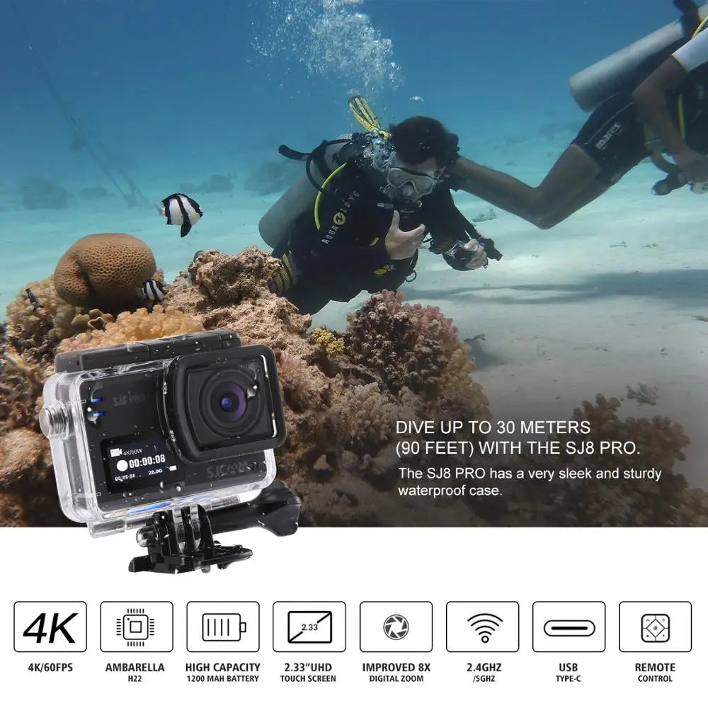 Original SJCAM SJ8 Pro 4K 30fps Ultra HD Waterproof Wifi Action Camera 2.33" Touch Screen Remote Sports DV