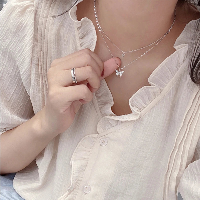 Luxury Necklace for Women Butterfly Necklace Shiny Double Clavicle Chain Pendant Anniversary Gift Jewelry Collares Para Mujer